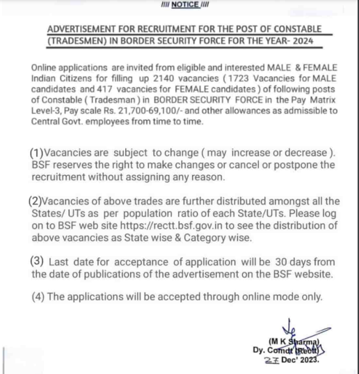 BSF Tradesman Notice