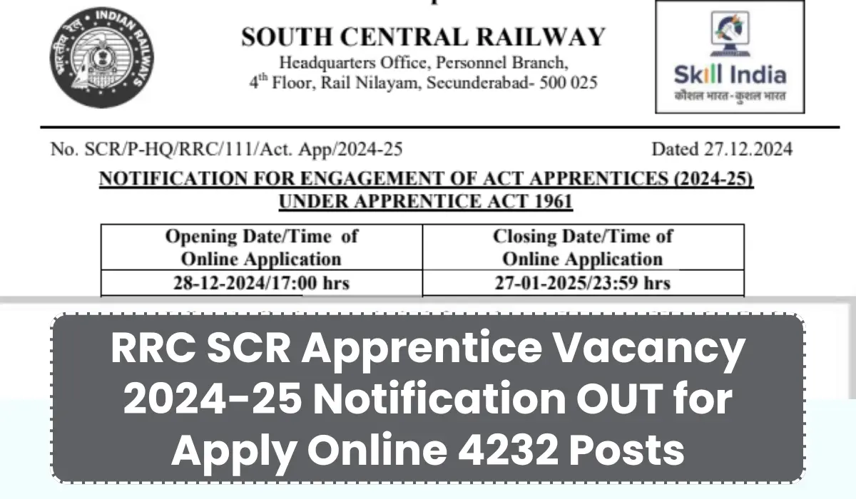 RRC SCR Apprentice Vacancy 2024-25 Notification OUT for Apply Online 4232 Posts